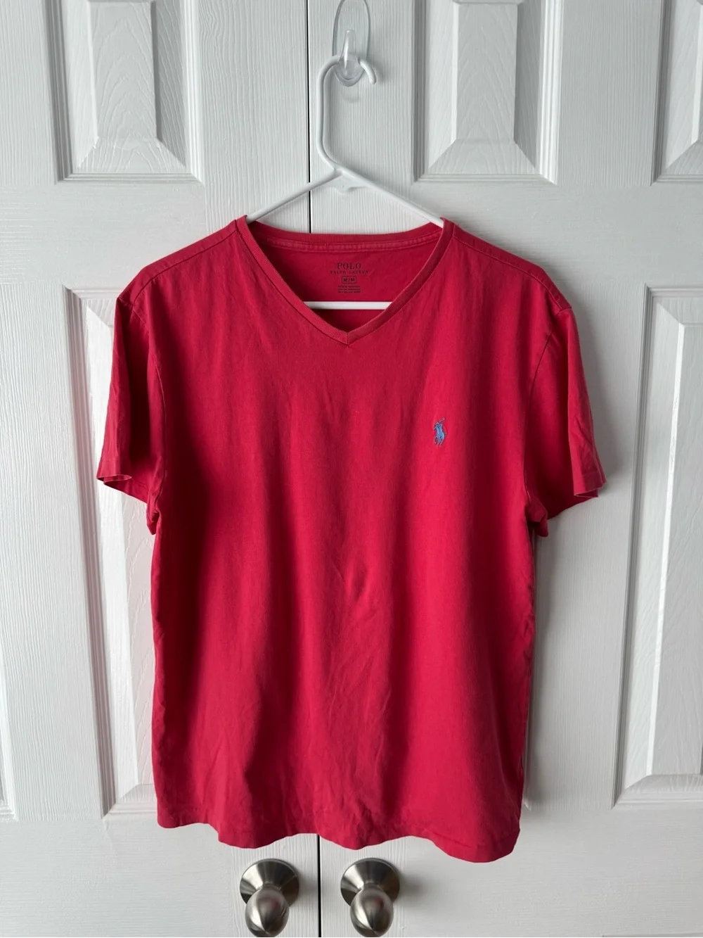 Polo Ralph Lauren Red V Neck T Shirt M Cotton Blue Pony Quiet Luxury Embroidered